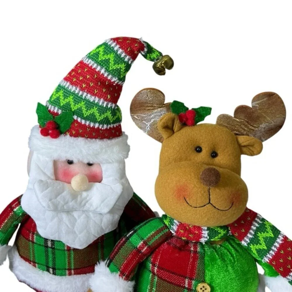 Santa and Reindeer Plush Gnomes Shelf Sitter Christmas Holiday Set Tartan Plaid